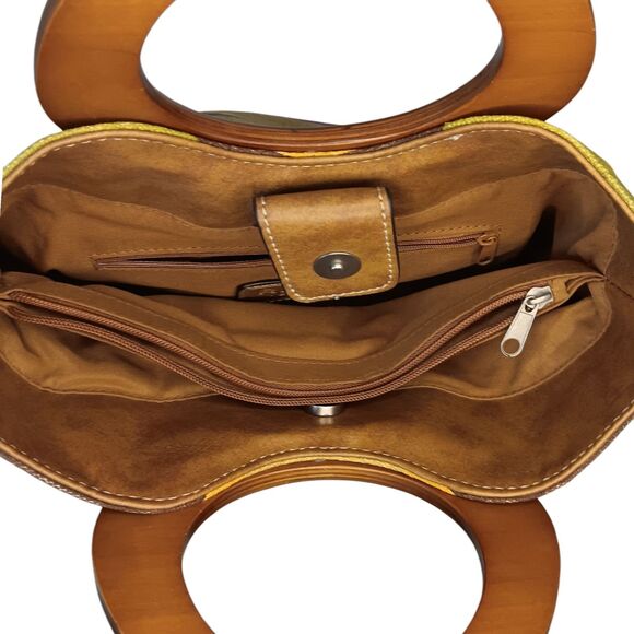 Striped Canvas Clutch Purse Wooden Handles Tan Blue Brown Summer Relic Brand - Picture 9 of 14